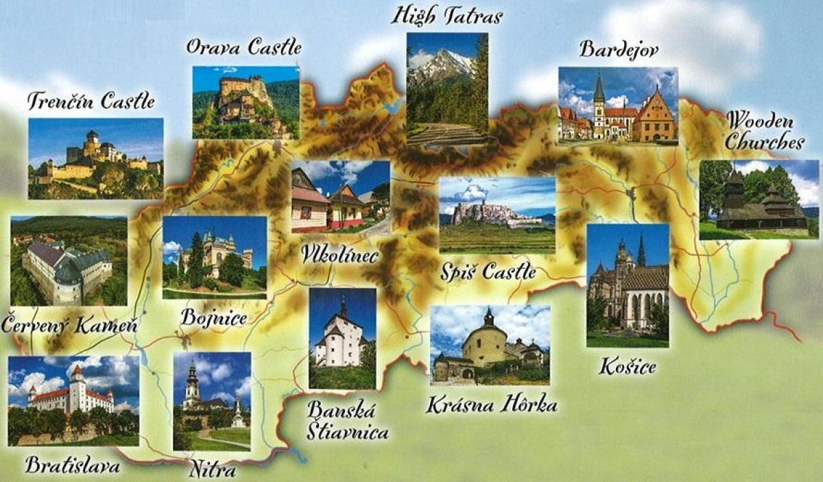 Mapa de atracciones turísticas de Eslovaquia